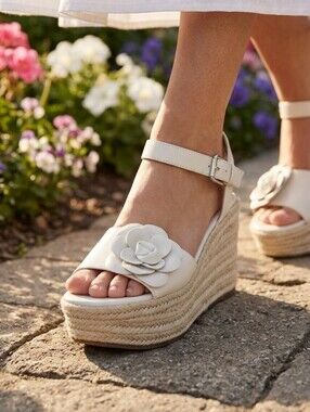 Marc Fisher Ivory Venom Floral Applique Espadrille Wedge Sandals Size 7.5 M NIB